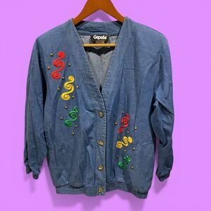 Funky 90s rainbow swirl gold bling button denim blazer jacket pockets oversized